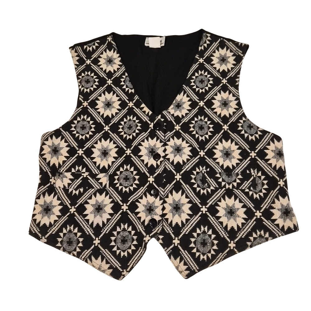 Vintage Fox Bay Southwestern Tapestry Vest Black White Geometric Boho Large